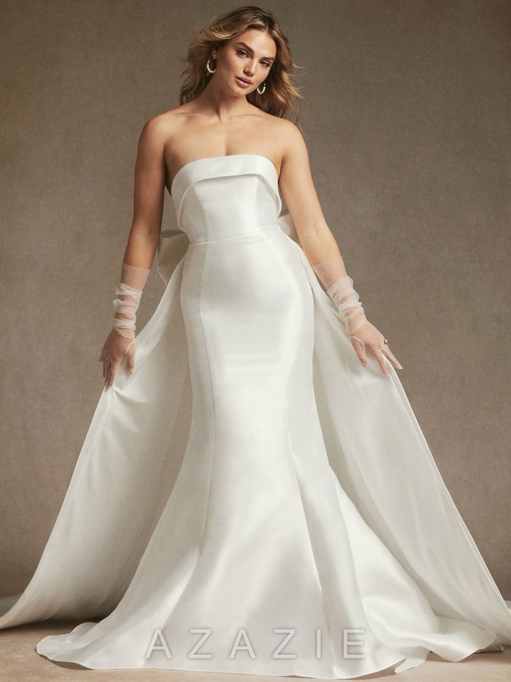 Azazie Strapless White Satin Mermaid Wedding Dress with Chapel Train